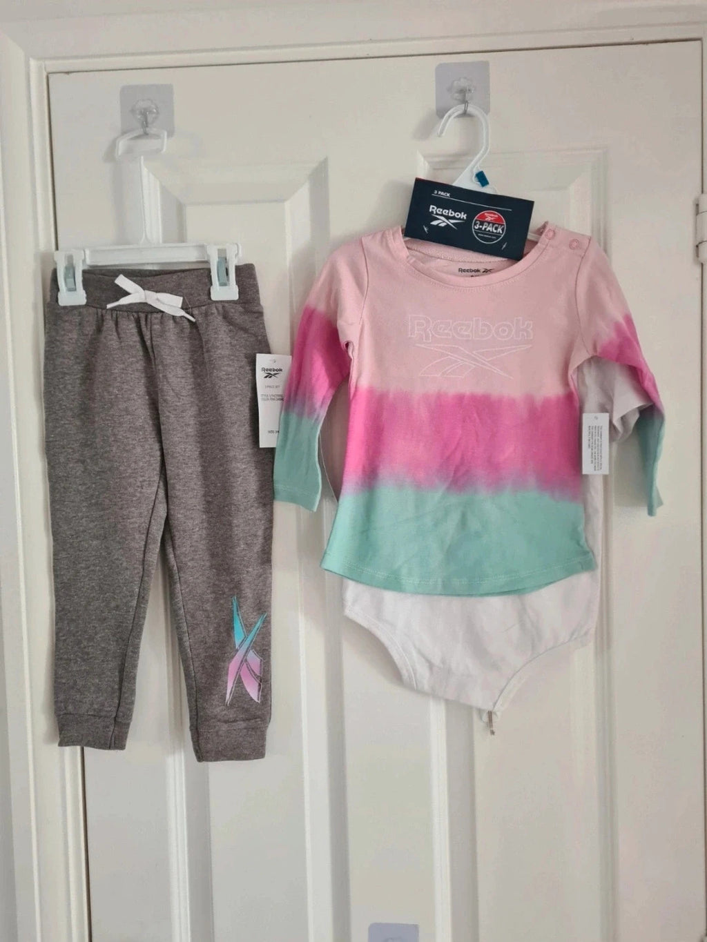 Reebok baby girls 2y set short sleeve bodysuit long top joggers/trousers cotton pink/white/grey 3pcs