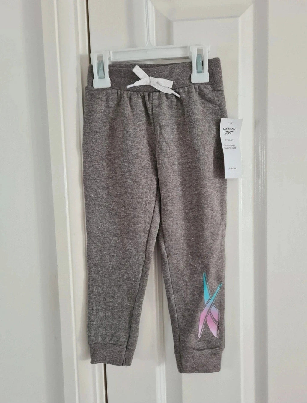 Reebok baby girls 2y set short sleeve bodysuit long top joggers/trousers cotton pink/white/grey 3pcs