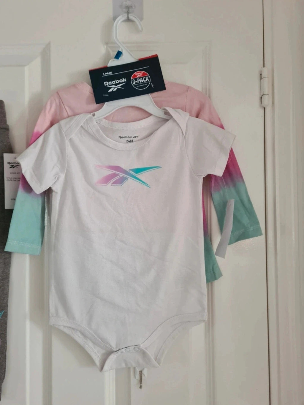 Reebok baby girls 2y set short sleeve bodysuit long top joggers/trousers cotton pink/white/grey 3pcs