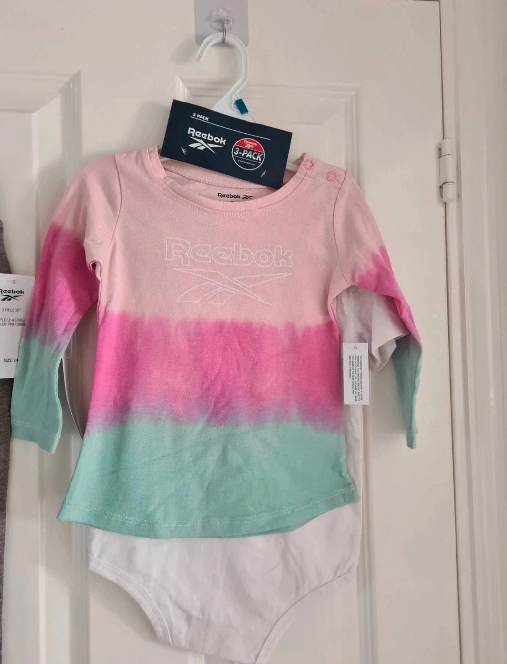 Reebok baby girls 2y set short sleeve bodysuit long top joggers/trousers cotton pink/white/grey 3pcs