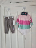 Reebok baby girls 3/6m set short sleeve bodysuit long top trousers/joggers cotton pink white grey