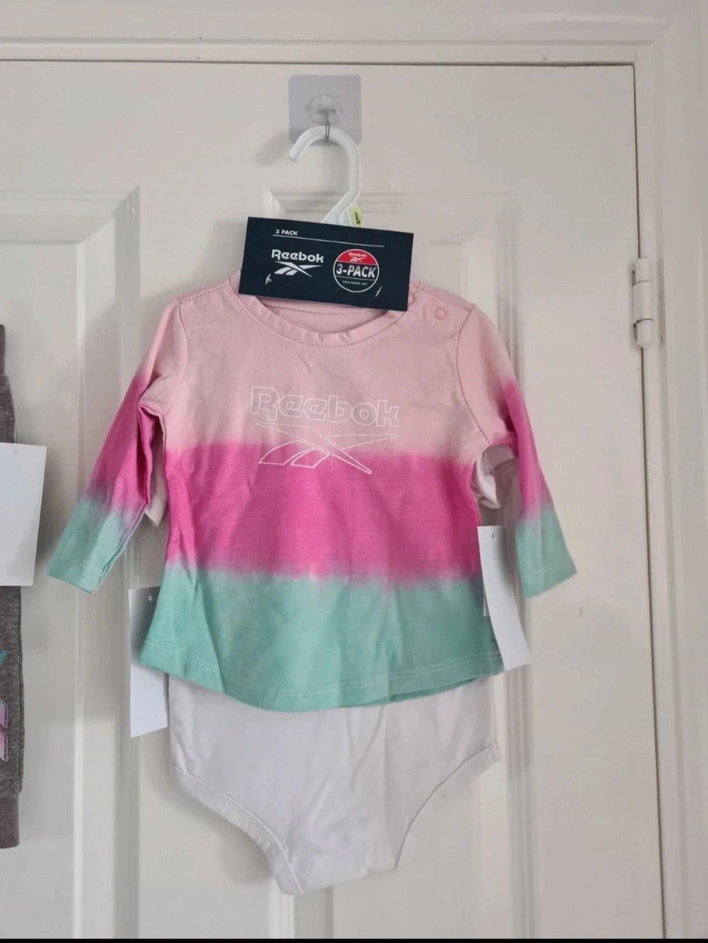 Reebok baby girls 3/6m set short sleeve bodysuit long top trousers/joggers cotton pink white grey