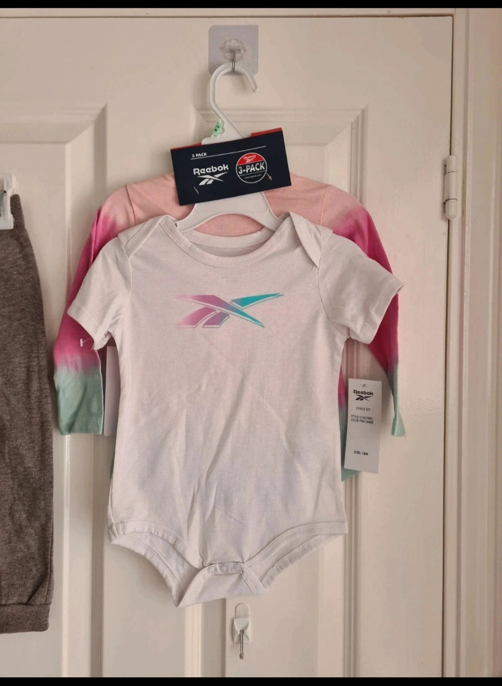 Reebok baby girls 18m set3x short sleeve bodysuit long top trousers/joggers cotton pink white grey