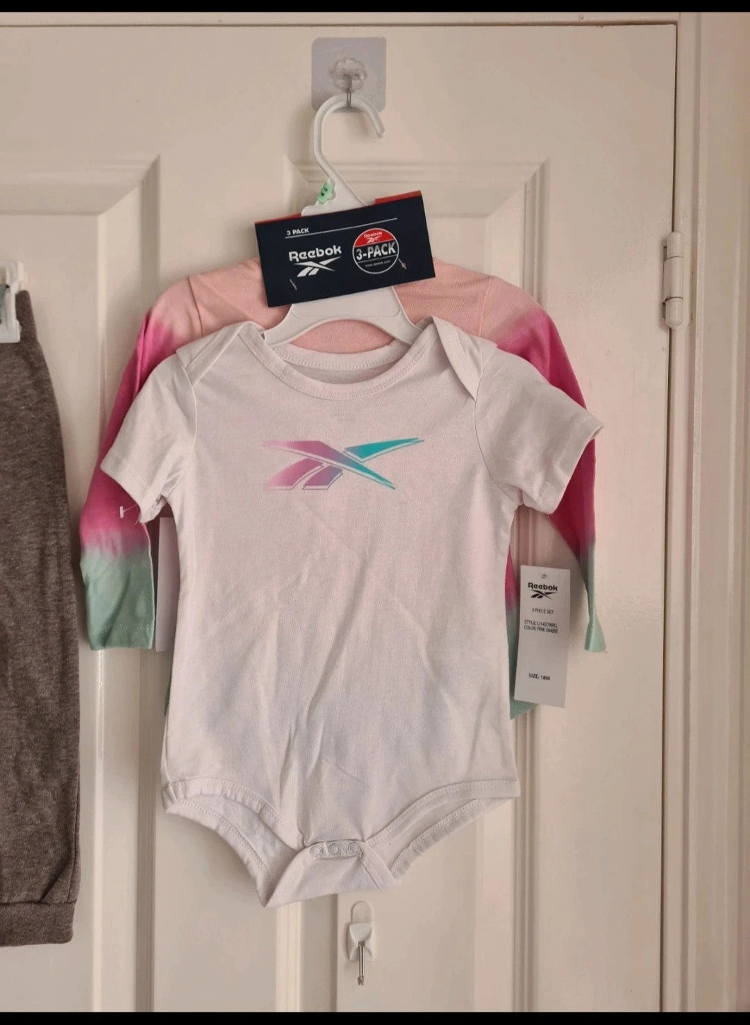 Reebok baby girls 18m set3x short sleeve bodysuit long top trousers/joggers cotton pink white grey