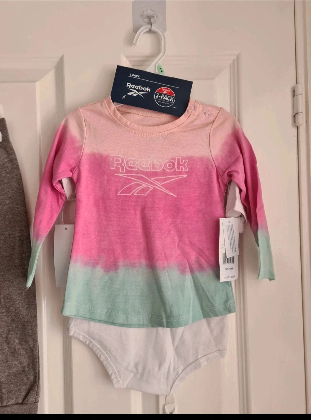 Reebok baby girls 18m set3x short sleeve bodysuit long top trousers/joggers cotton pink white grey