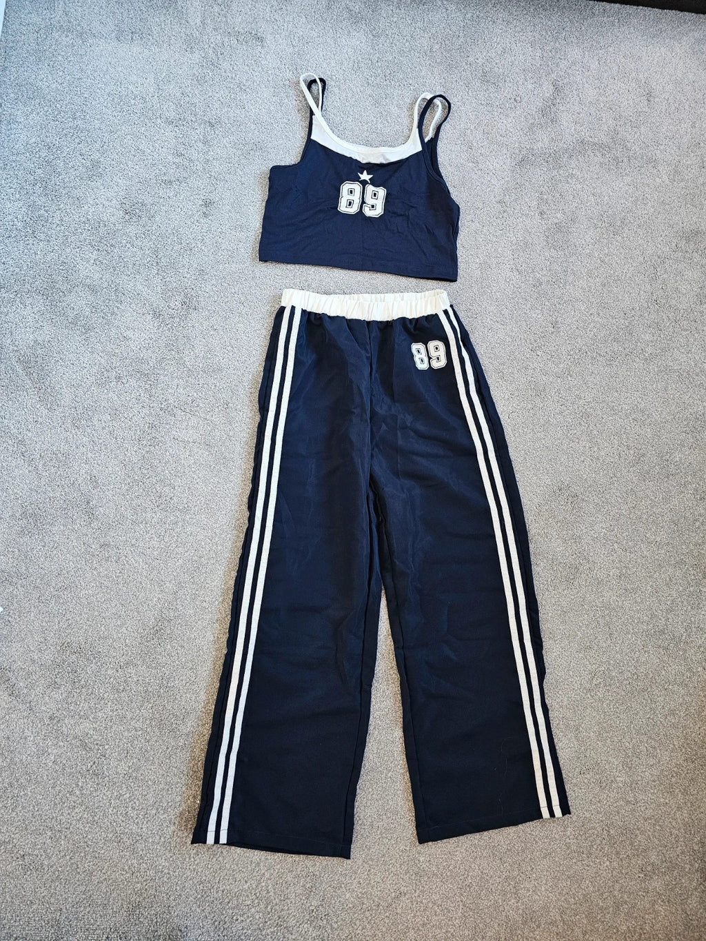 Generic girls 12y set of cami top wide leg trousers white/navy straps top elastic waist pants