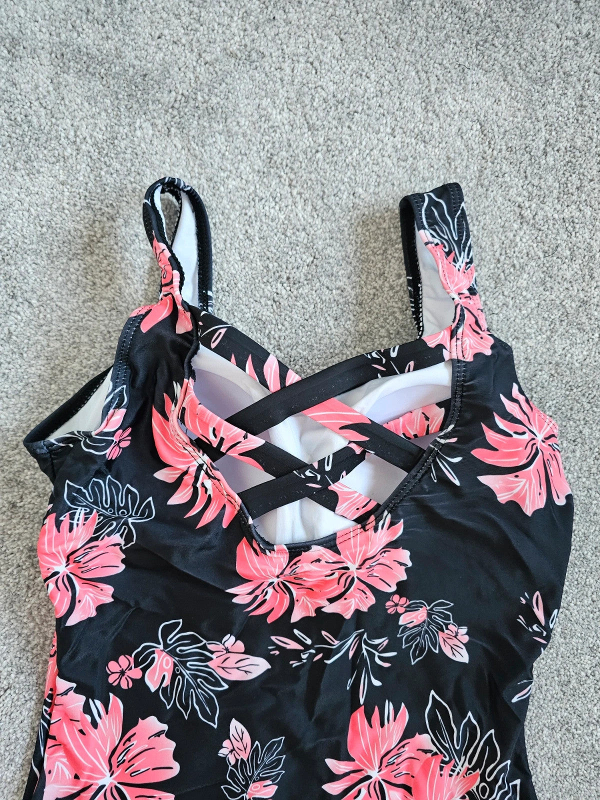 Shein one piece floral swimsuit women padded tummy control swimwear beach pool black/pink S/8