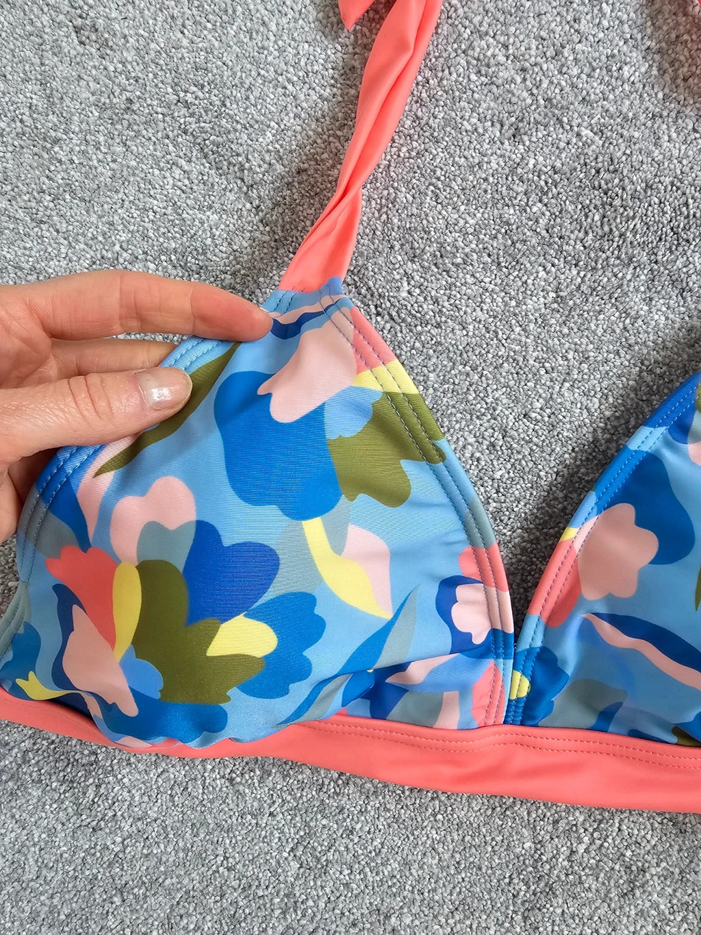 Regatta flavia bikini top women abstract floral print  halter tie neck swim bra blue/orange 2XL/16