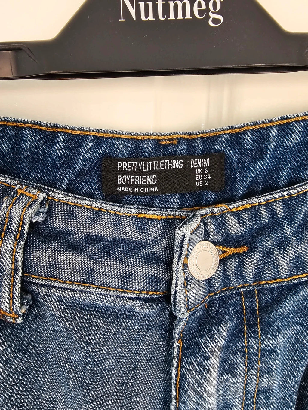 PLF bleach wash open knee distressed turn up jeans boyfriend women straight cotton ripped blue XS/6