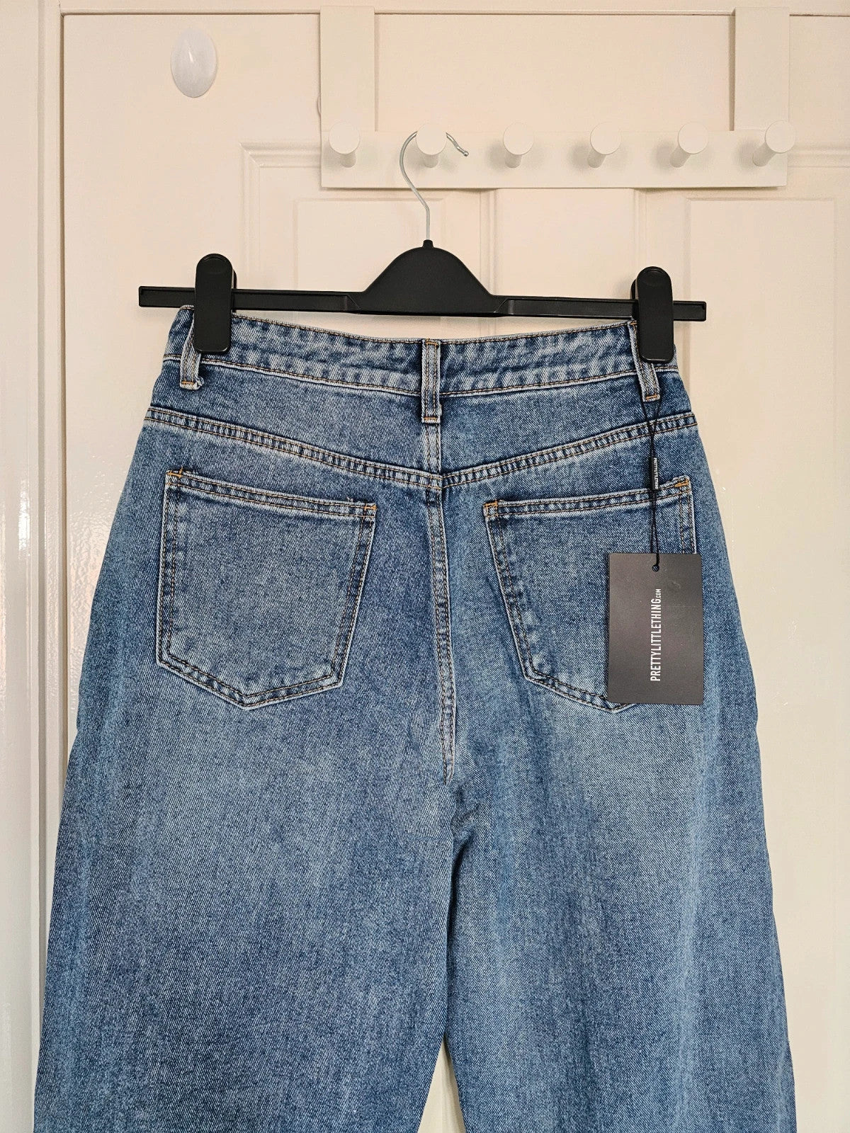 PLF bleach wash open knee distressed turn up jeans boyfriend women straight cotton ripped blue XS/6