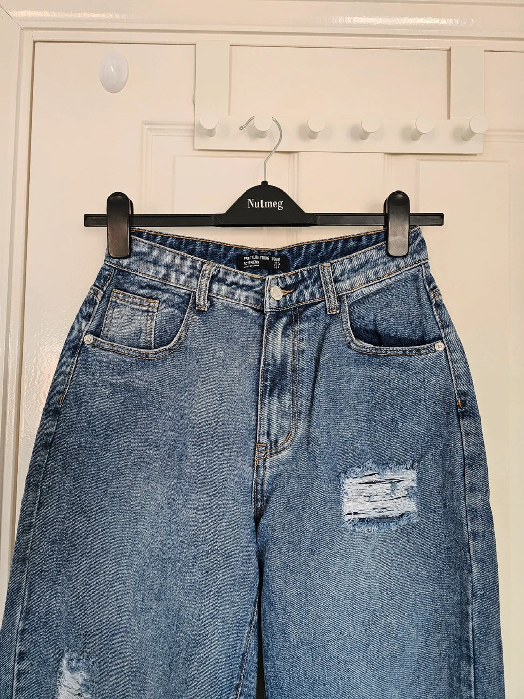 PLF bleach wash open knee distressed turn up jeans boyfriend women straight cotton ripped blue XS/6