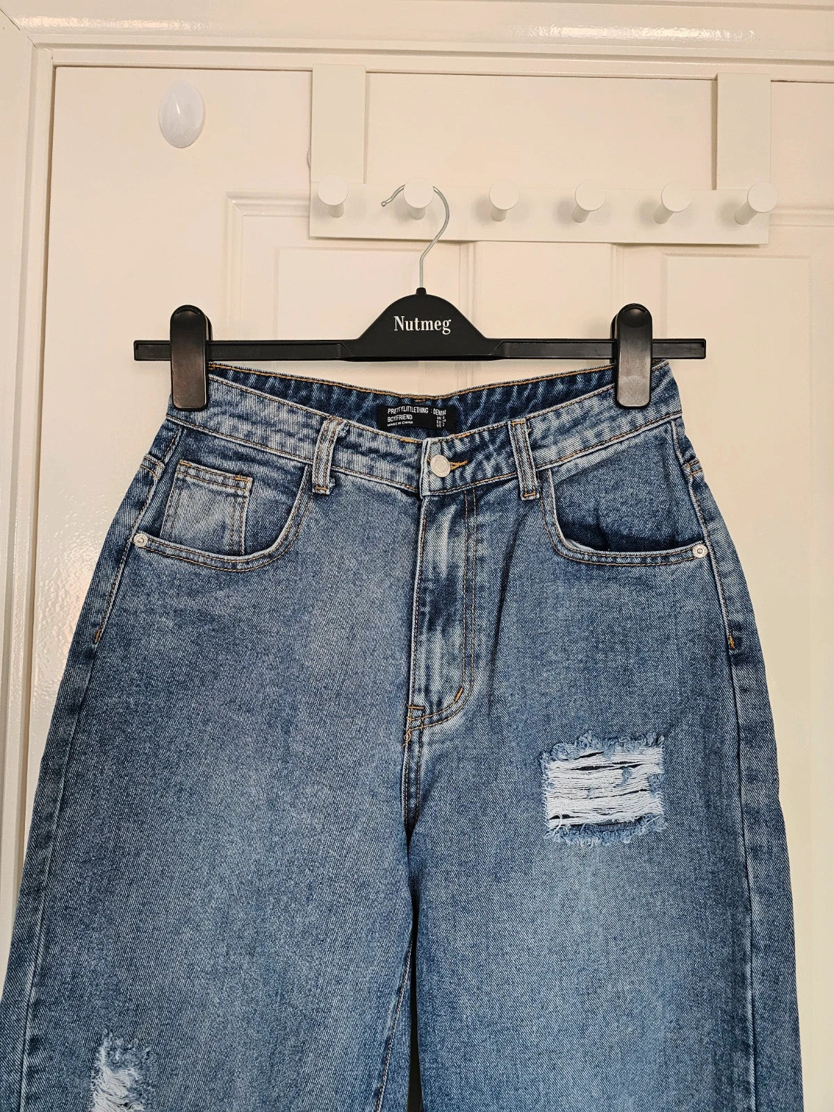 PLF bleach wash open knee distressed turn up jeans boyfriend women straight cotton ripped blue XS/6