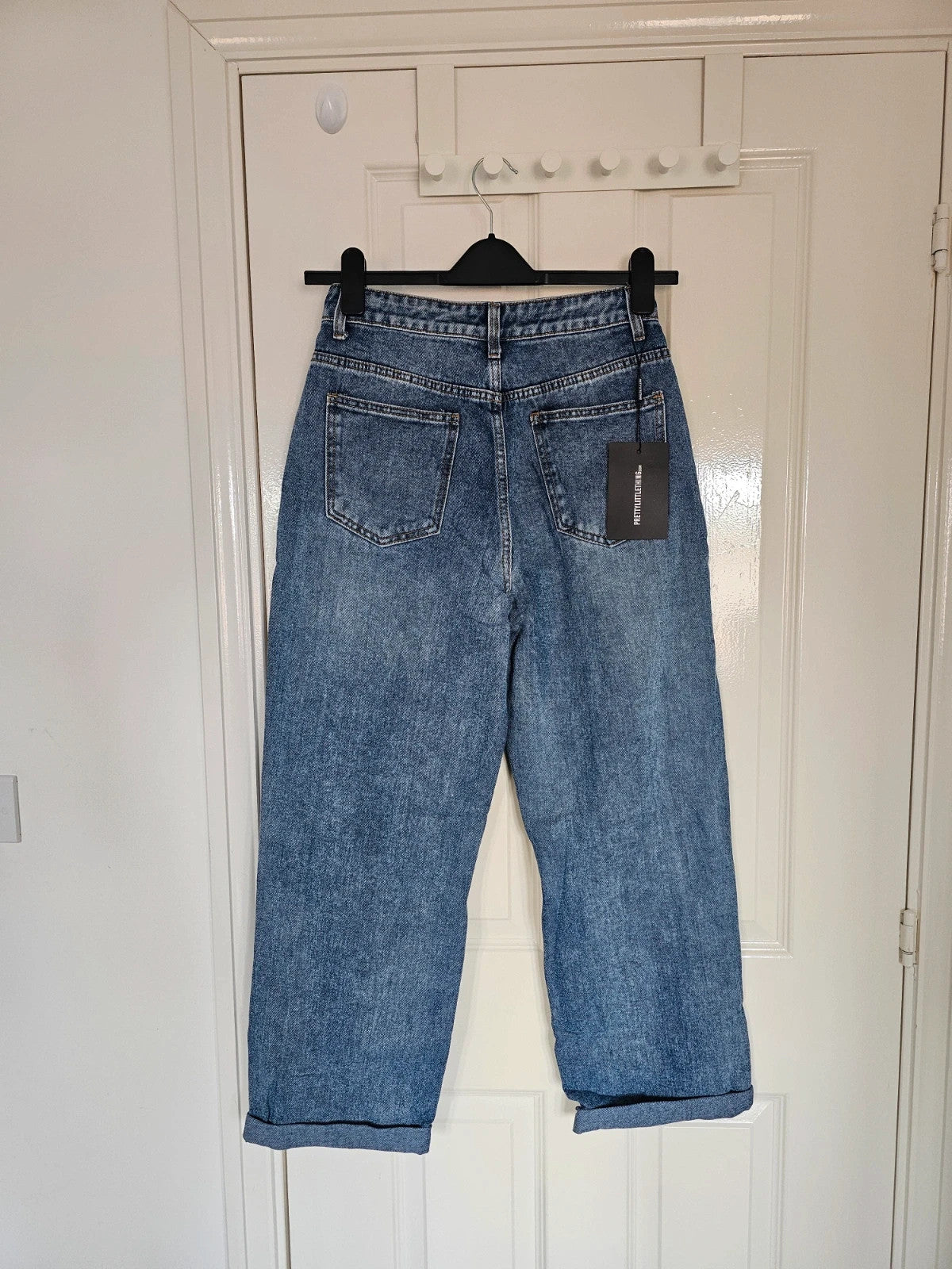 PLF bleach wash open knee distressed turn up jeans boyfriend women straight cotton ripped blue XS/6