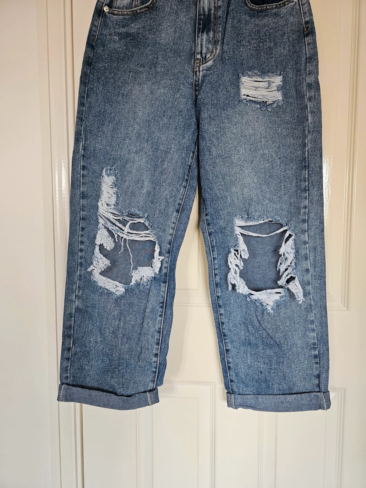 PLF bleach wash open knee distressed turn up jeans boyfriend women straight cotton ripped blue XS/6