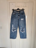 PLF bleach wash open knee distressed turn up jeans boyfriend women straight cotton ripped blue XS/6