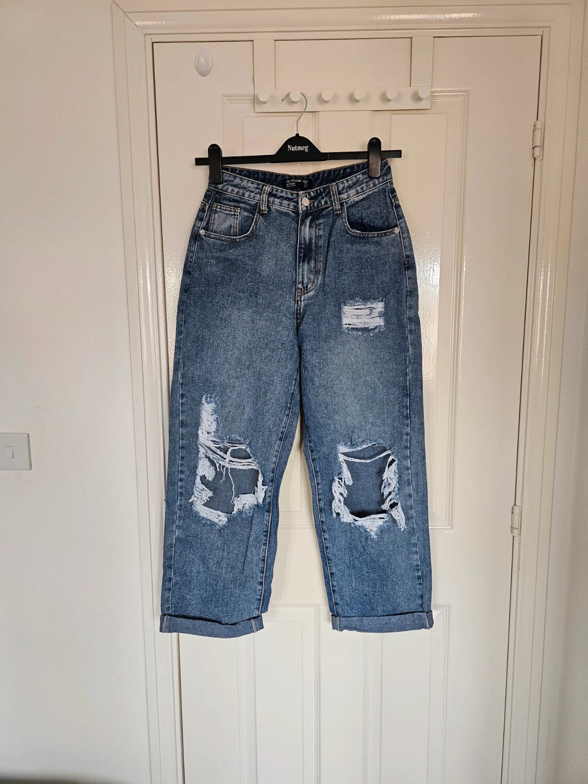 PLF bleach wash open knee distressed turn up jeans boyfriend women straight cotton ripped blue XS/6