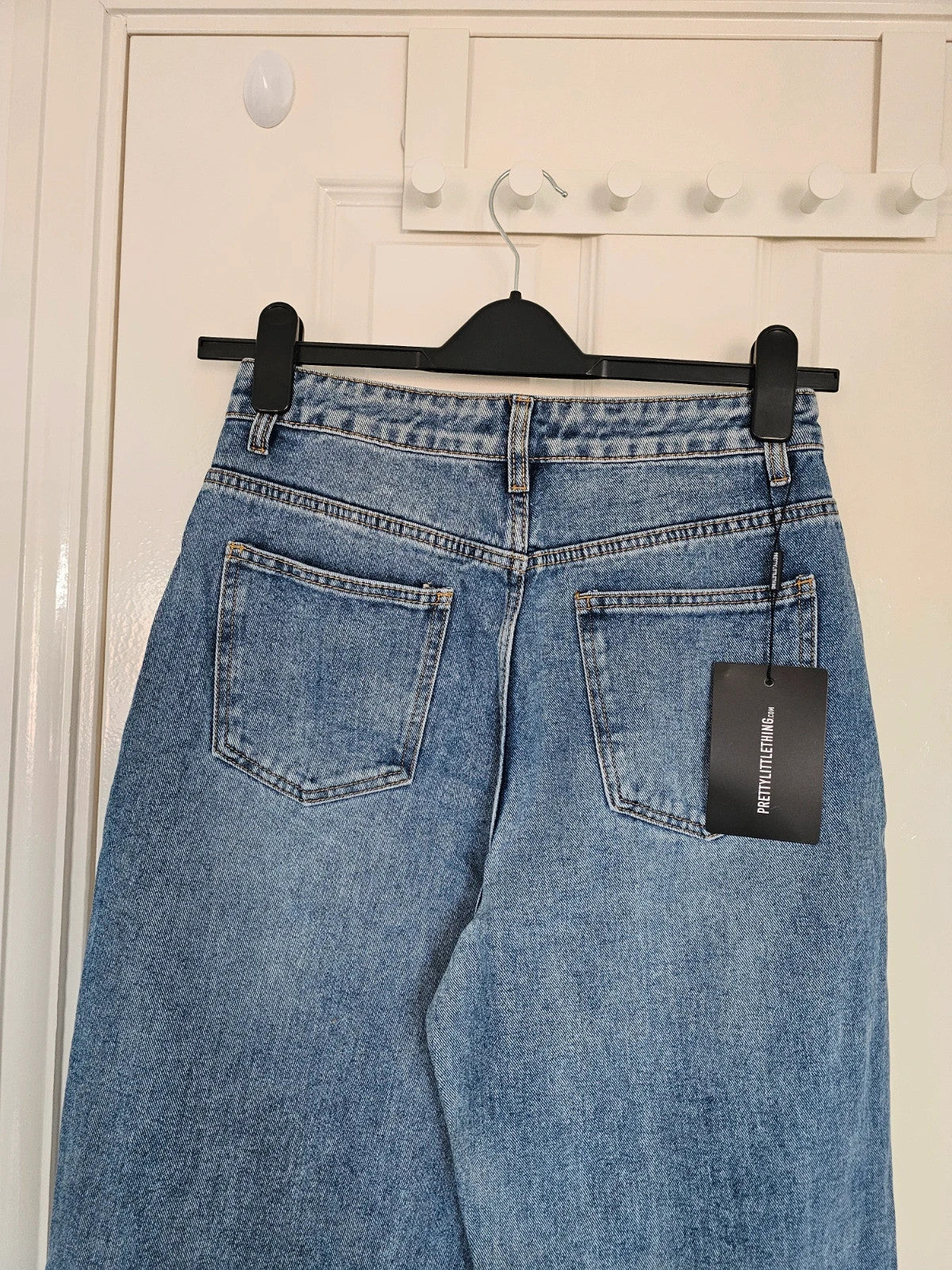 PLF bleach wash open knee distressed turn up jeans boyfriend women straight cotton ripped blue S/8