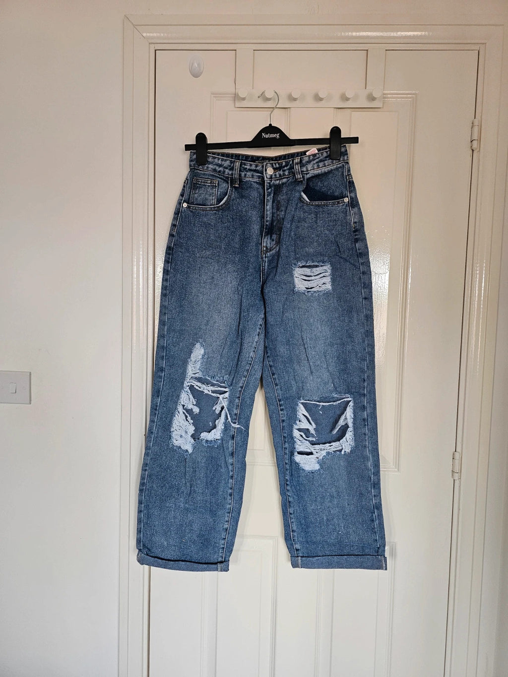 PLF bleach wash open knee distressed turn up jeans boyfriend women straight cotton ripped blue S/8