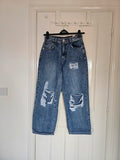 PLF bleach wash open knee distressed turn up jeans boyfriend women straight cotton ripped blue S/8