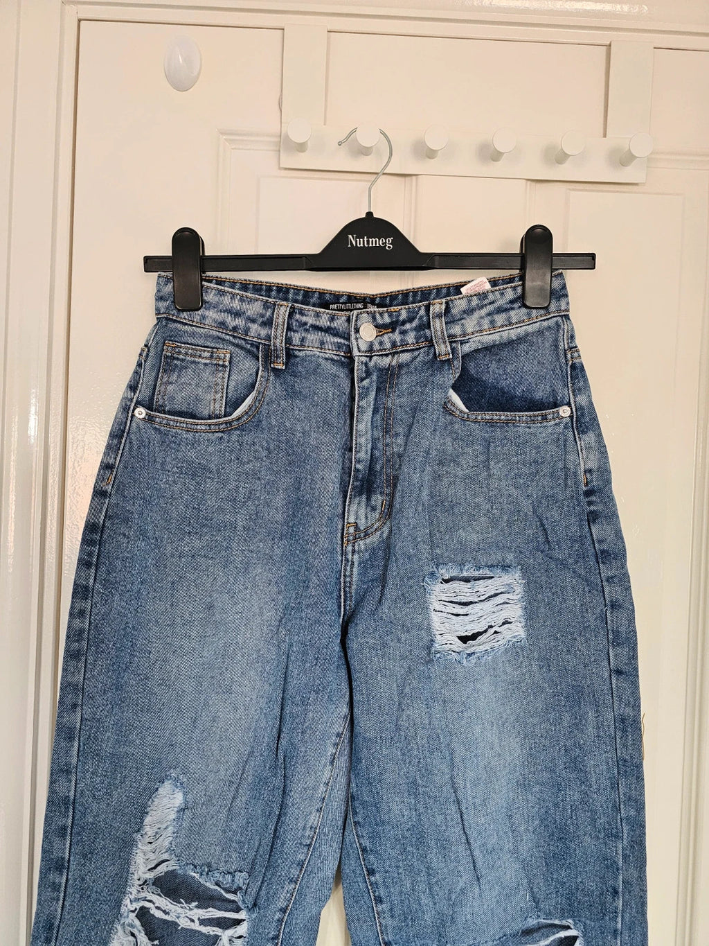 PLF bleach wash open knee distressed turn up jeans boyfriend women straight cotton ripped blue S/8