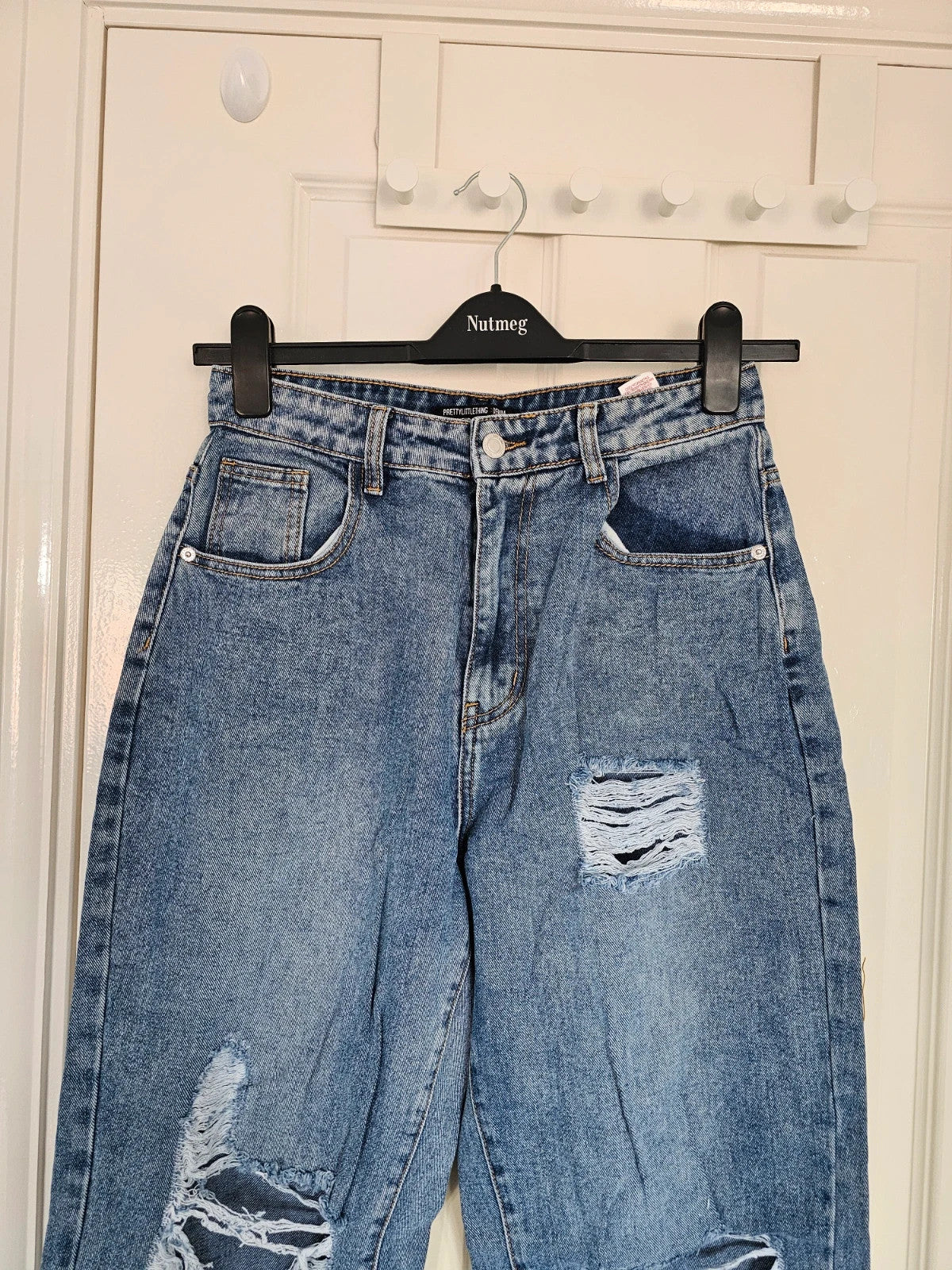 PLF bleach wash open knee distressed turn up jeans boyfriend women straight cotton ripped blue S/8