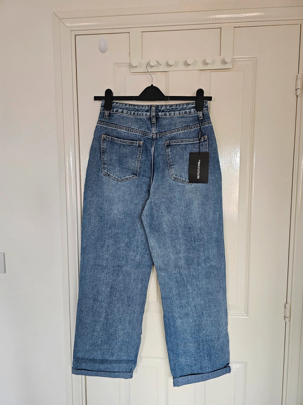PLF bleach wash open knee distressed turn up jeans boyfriend women straight cotton ripped blue S/8