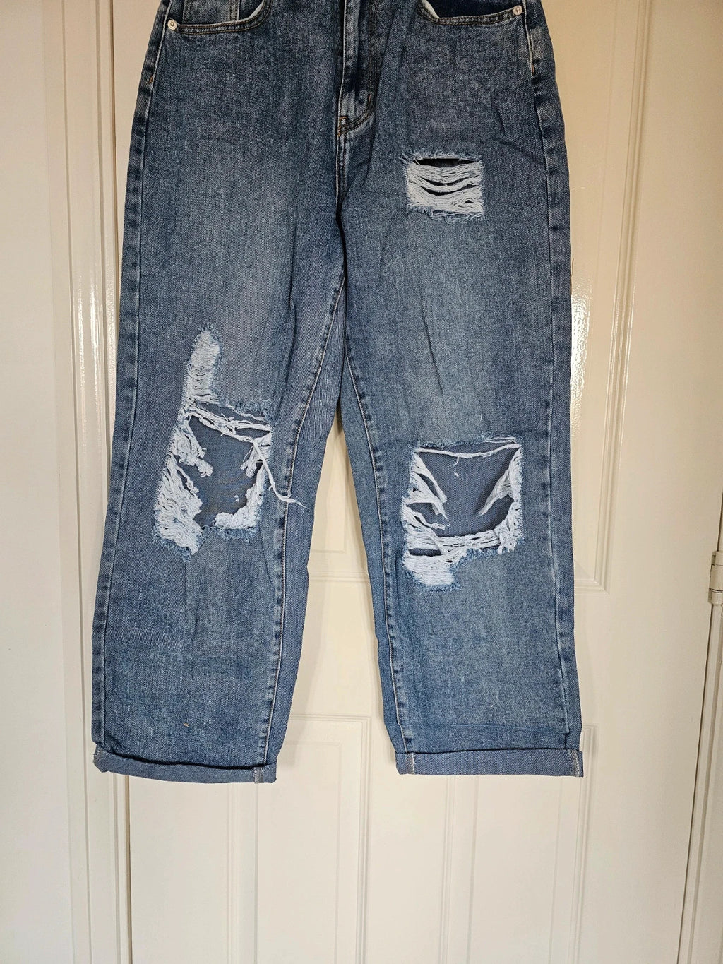 PLF bleach wash open knee distressed turn up jeans boyfriend women straight cotton ripped blue S/8