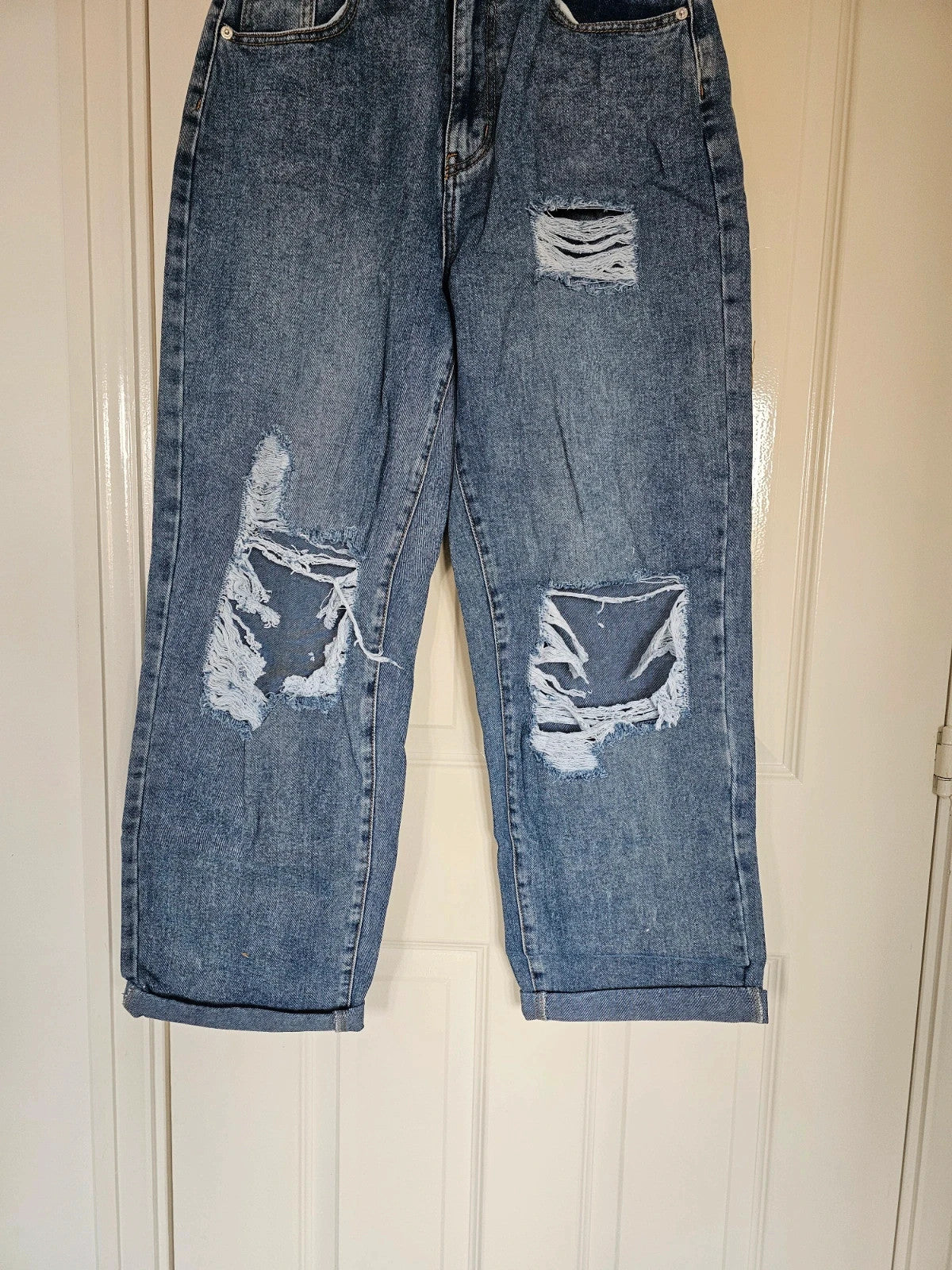 PLF bleach wash open knee distressed turn up jeans boyfriend women straight cotton ripped blue S/8