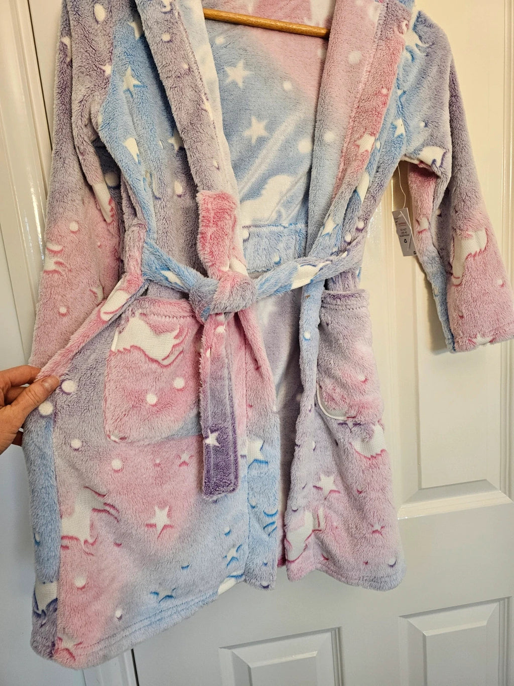 Dunnes Stores girls 7/8y unicorn print bathrobe soft fleece glow in the dark nightwear pink/blue