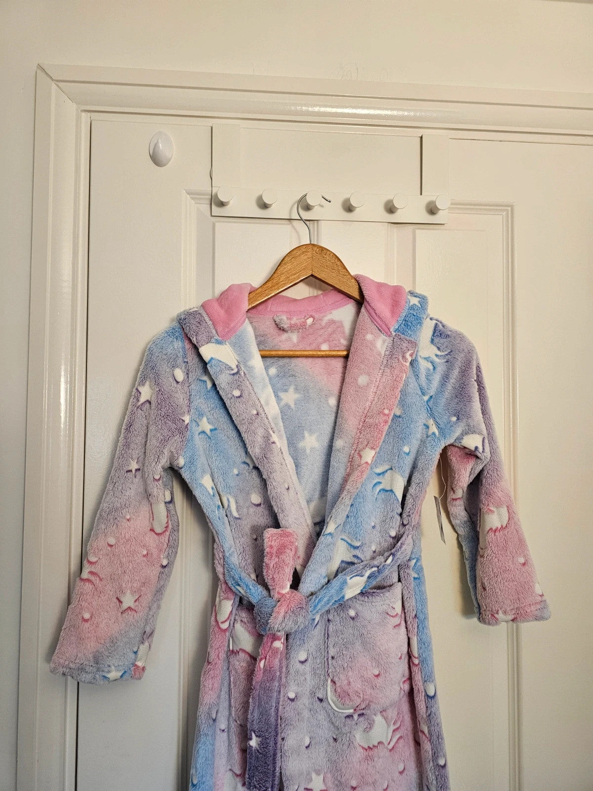 Dunnes Stores girls 7/8y unicorn print bathrobe soft fleece glow in the dark nightwear pink/blue