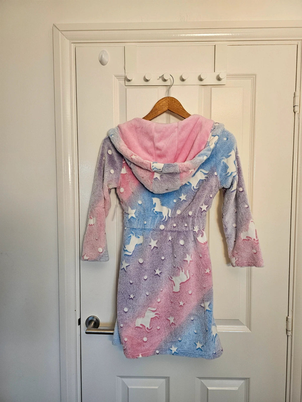 Dunnes Stores girls 7/8y unicorn print bathrobe soft fleece glow in the dark nightwear pink/blue