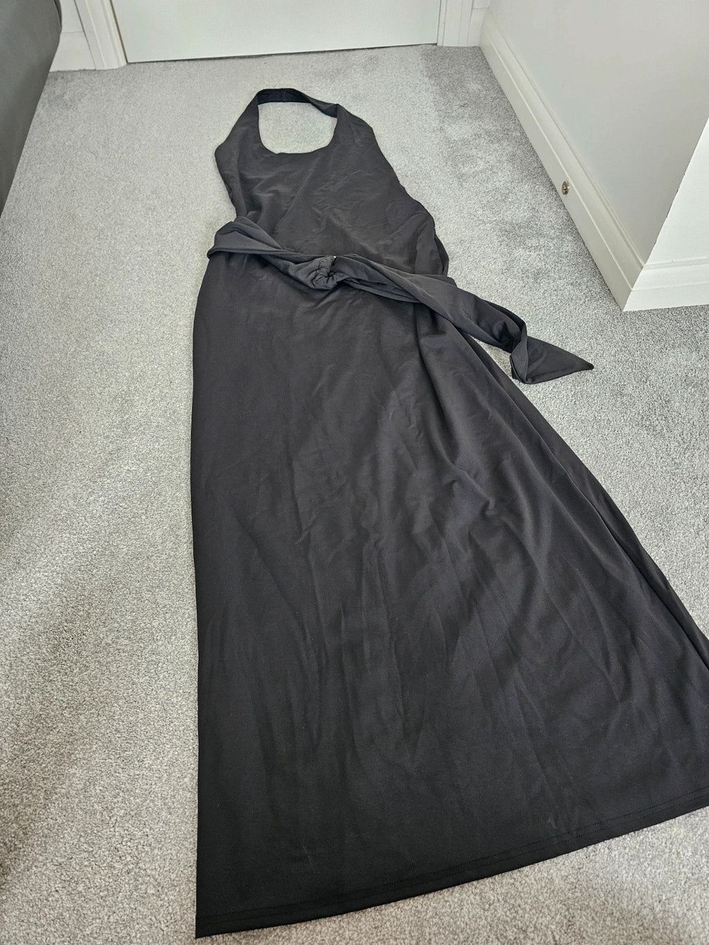 White Fox women this voice maxi dress black draped waist halterneck backless summer party L/12