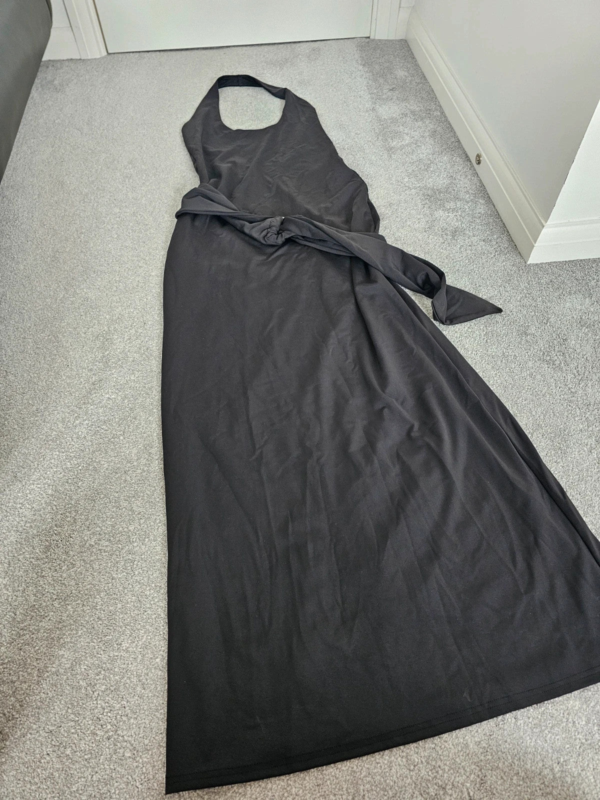 White Fox women this voice maxi dress black draped waist halterneck backless summer party L/12
