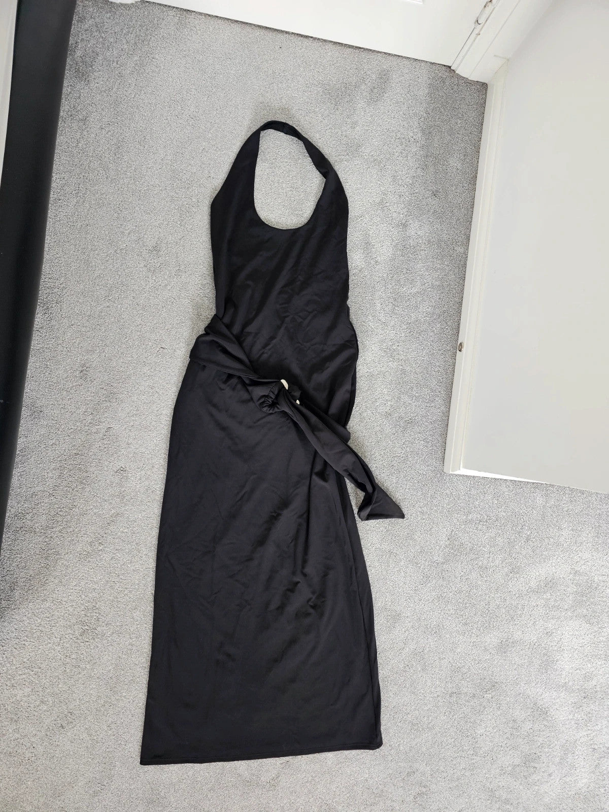 White Fox women this voice maxi dress black draped waist halterneck backless summer party L/12