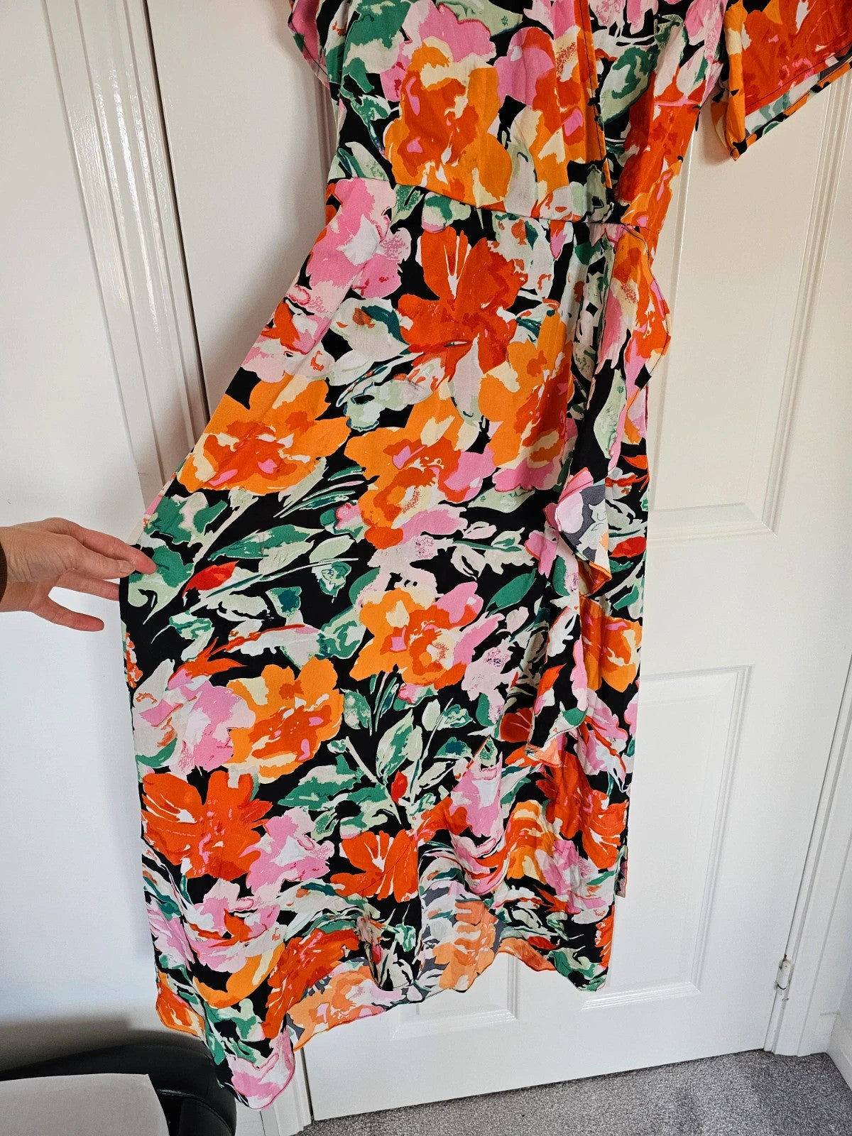 Girl in mind Farrah Orange Floral Split Hem Frill Detail Maxi Dress women short sleeve wrap XL/14