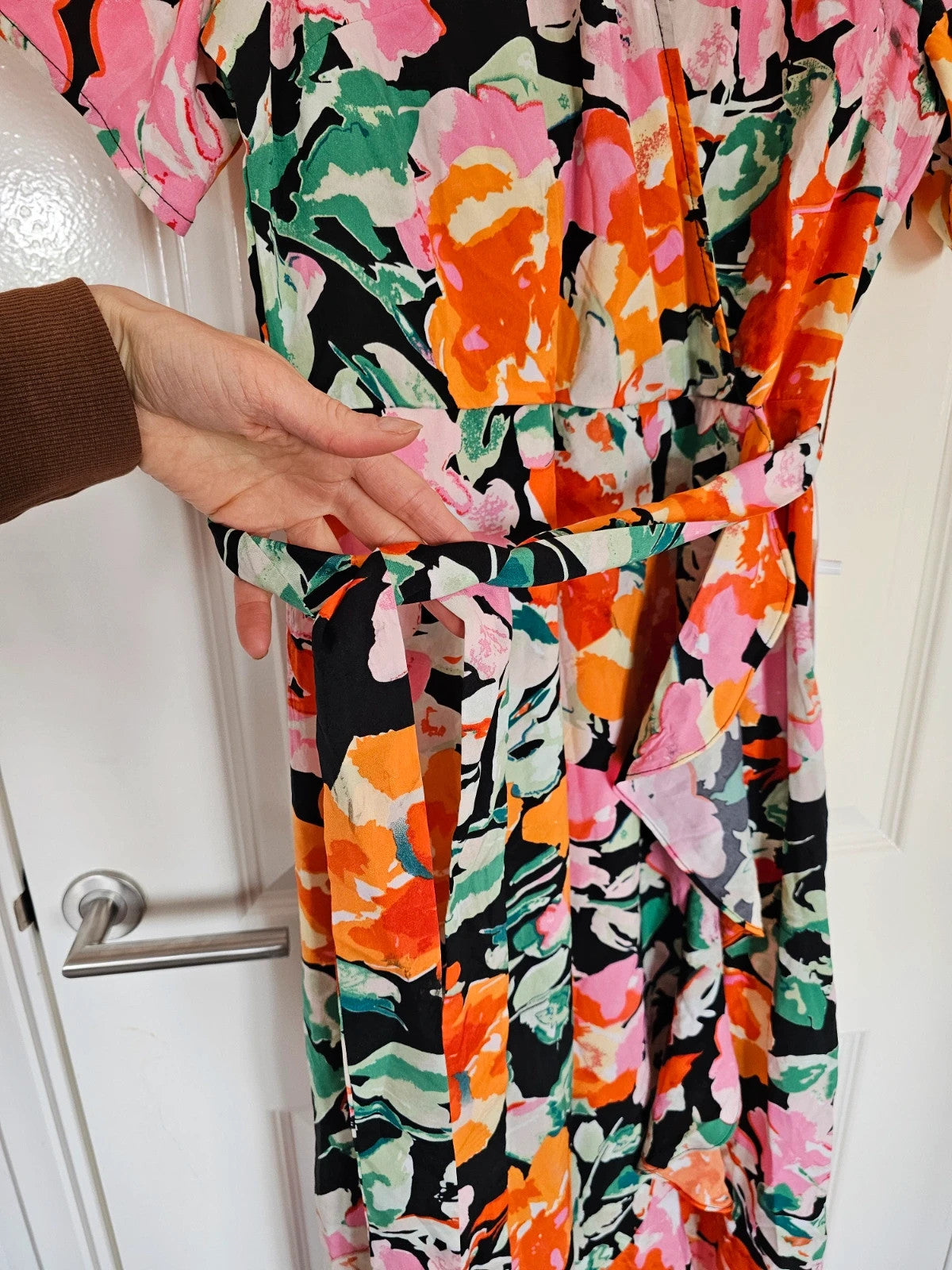 Girl in mind Farrah Orange Floral Split Hem Frill Detail Maxi Dress women short sleeve wrap XL/14