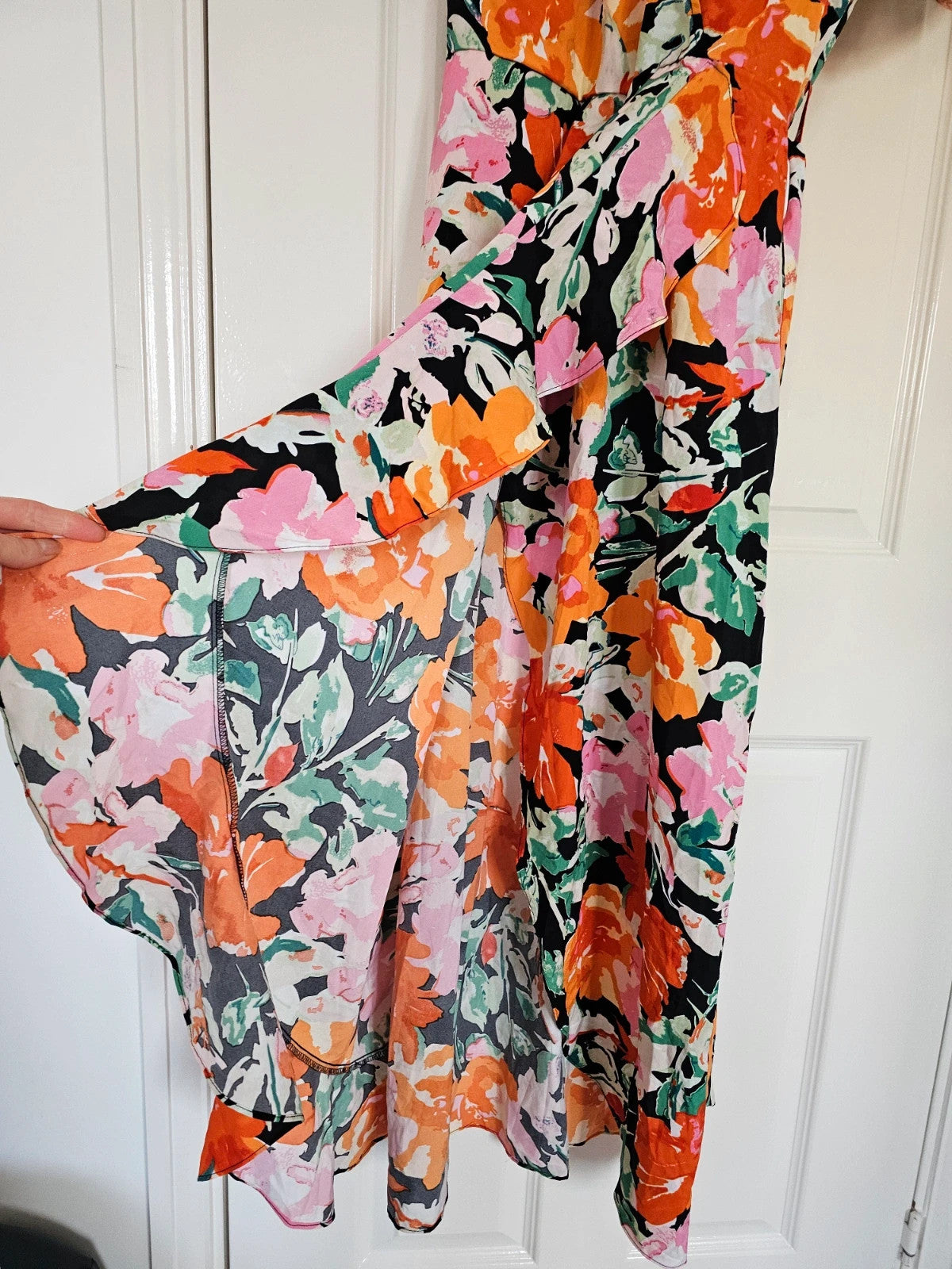 Girl in mind Farrah Orange Floral Split Hem Frill Detail Maxi Dress women short sleeve wrap XL/14