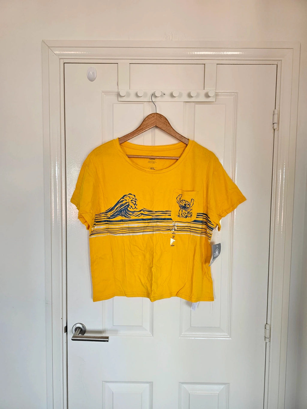 Disney women cotton yellow Lilo & Stitch movie T-shirt crop top length short sleeve casual tee L/12