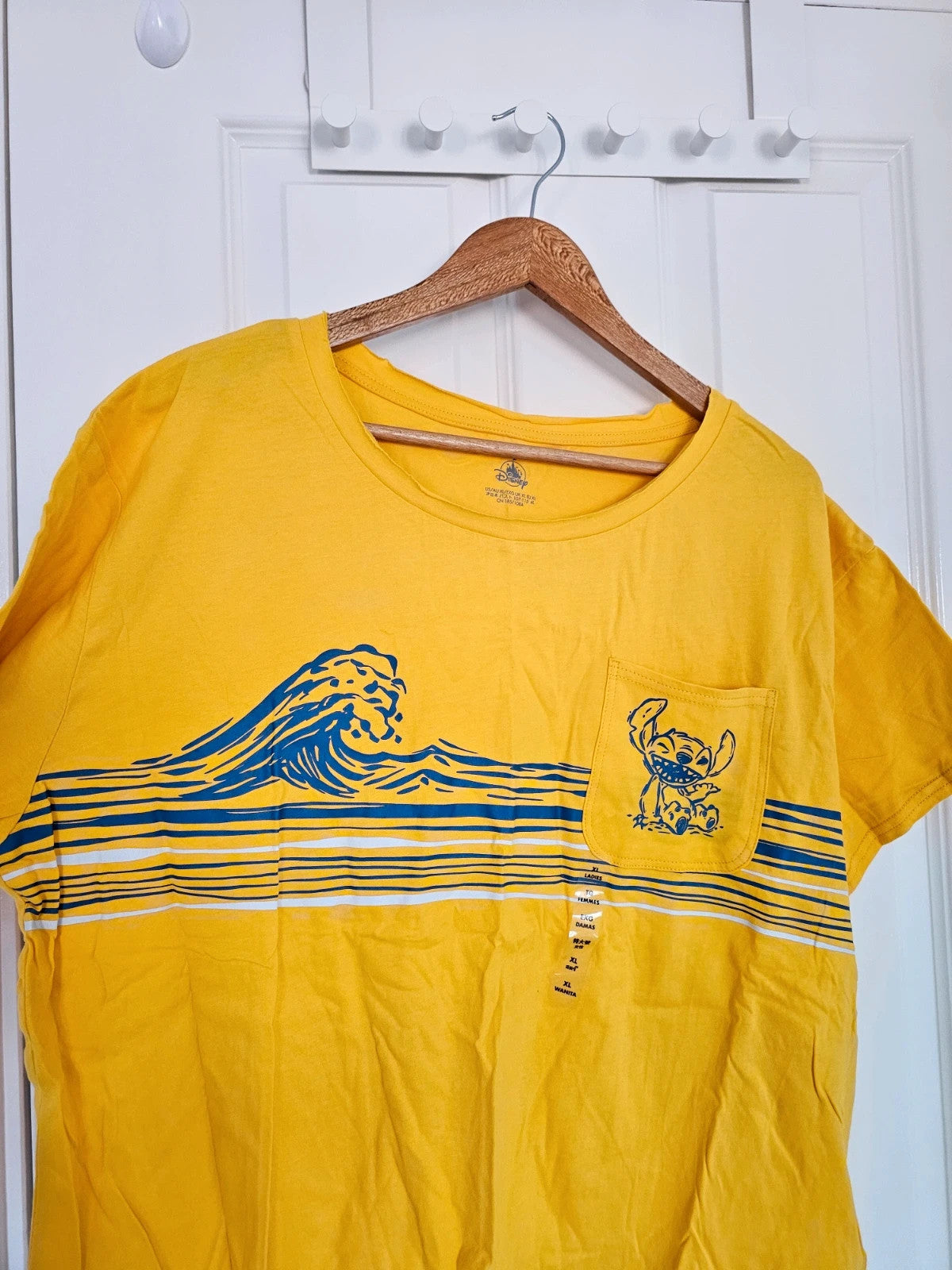 Disney women cotton yellow Lilo & Stitch movie T-shirt crop top length short sleeve casual tee XL/14