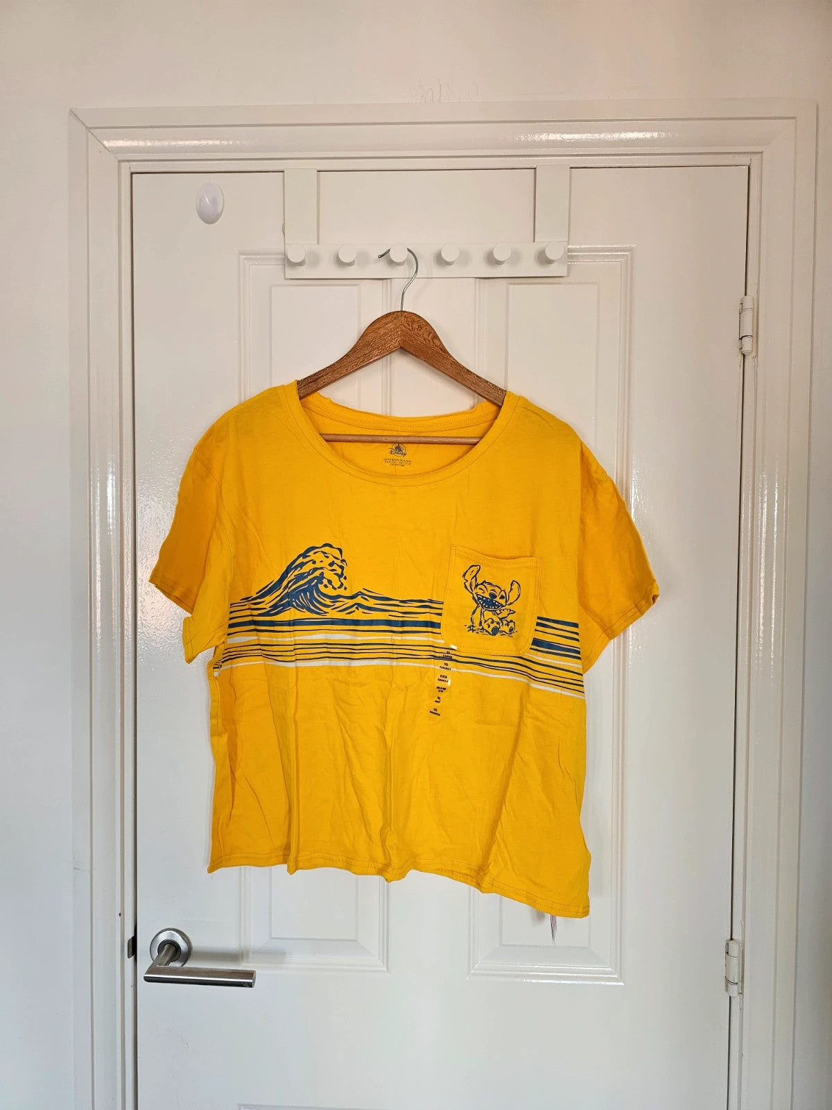 Disney women cotton yellow Lilo & Stitch movie T-shirt crop top length short sleeve casual tee XL/14