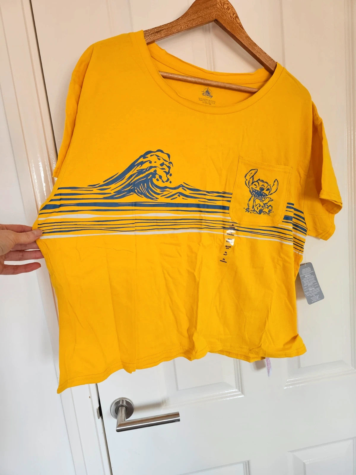 Disney women cotton yellow Lilo & Stitch movie T-shirt crop top length short sleeve casual tee XL/14
