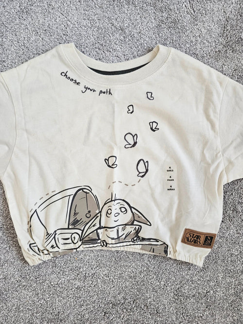 Disney kids girls 4y Star Wars cream/black short sleeve T-shirt Grogu baby Yoda cotton cropped