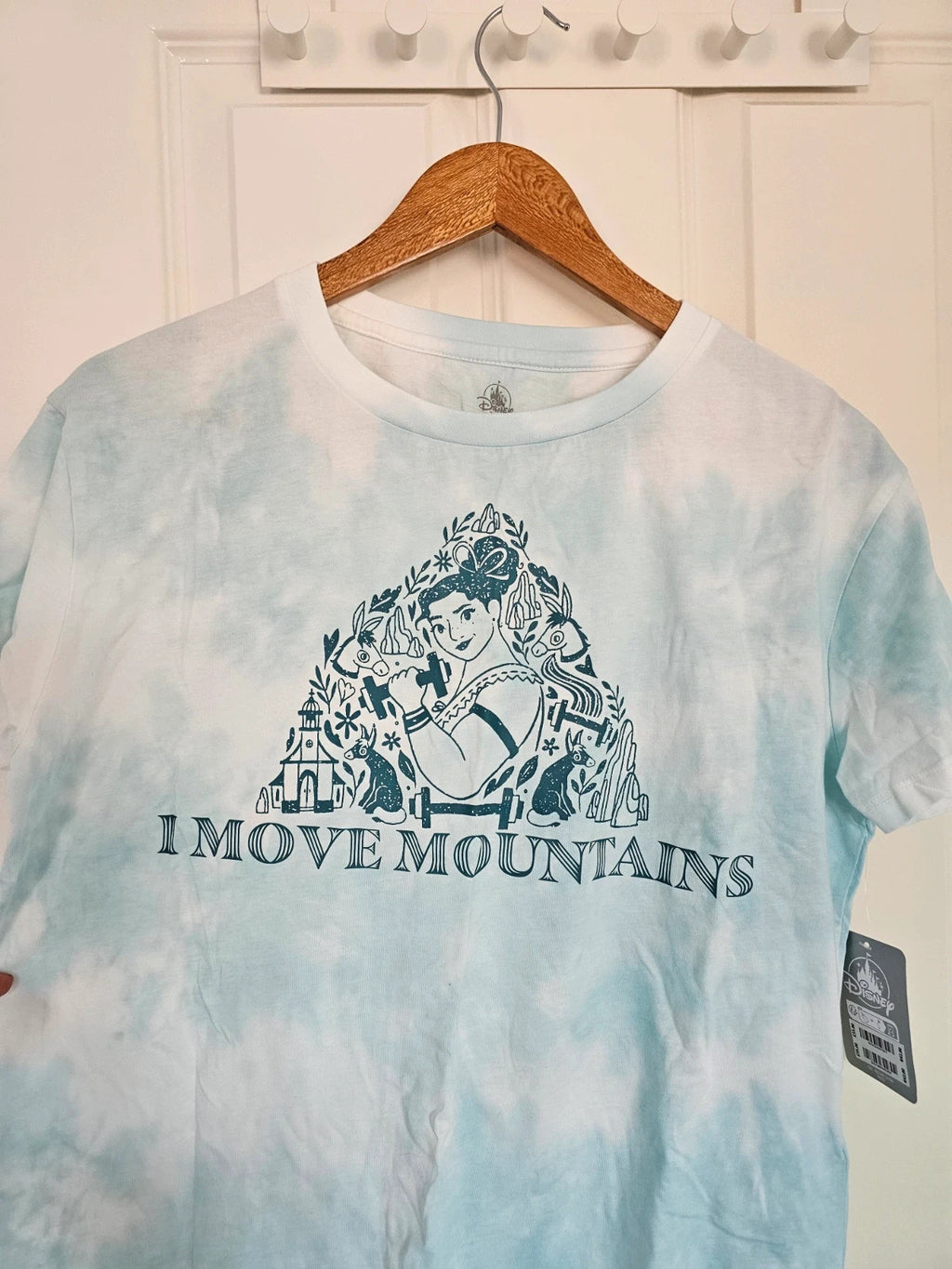 Disney women Encanto Luisa I Move Mountains short sleeve T-shirt tie dye blue cotton relaxed tee S
