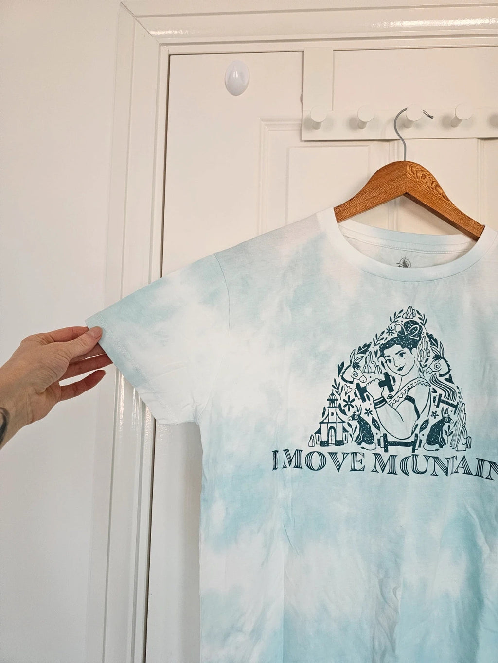 Disney women Encanto Luisa I Move Mountains short sleeve T-shirt tie dye blue cotton relaxed tee S