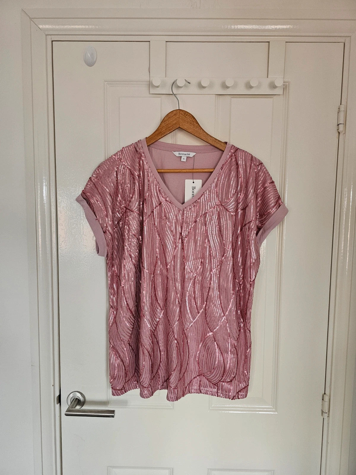 Bonmarche sequin front T-shirt short sleeve V-neck top elegant smart casual pink 2XL/16