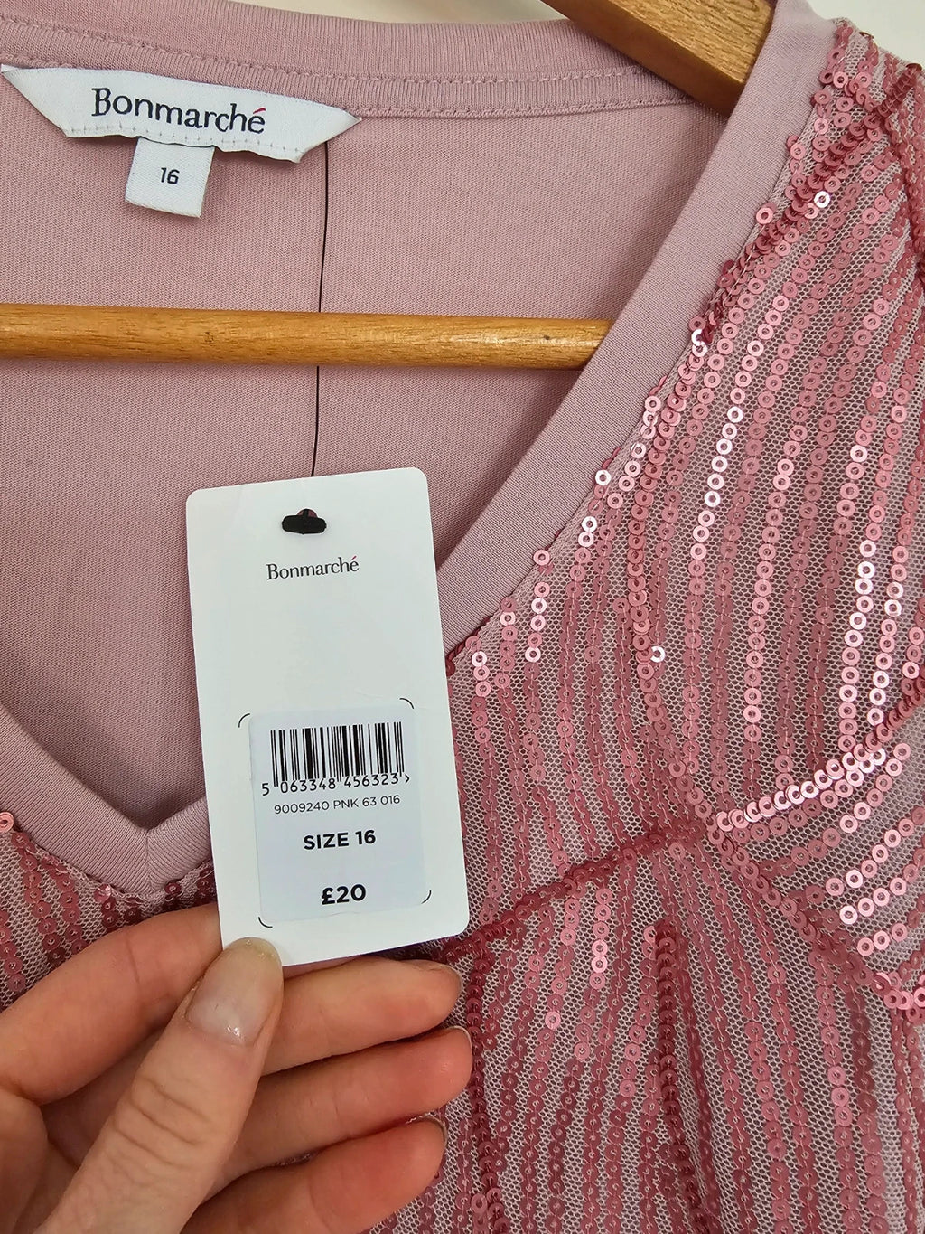 Bonmarche sequin front T-shirt short sleeve V-neck top elegant smart casual pink 2XL/16
