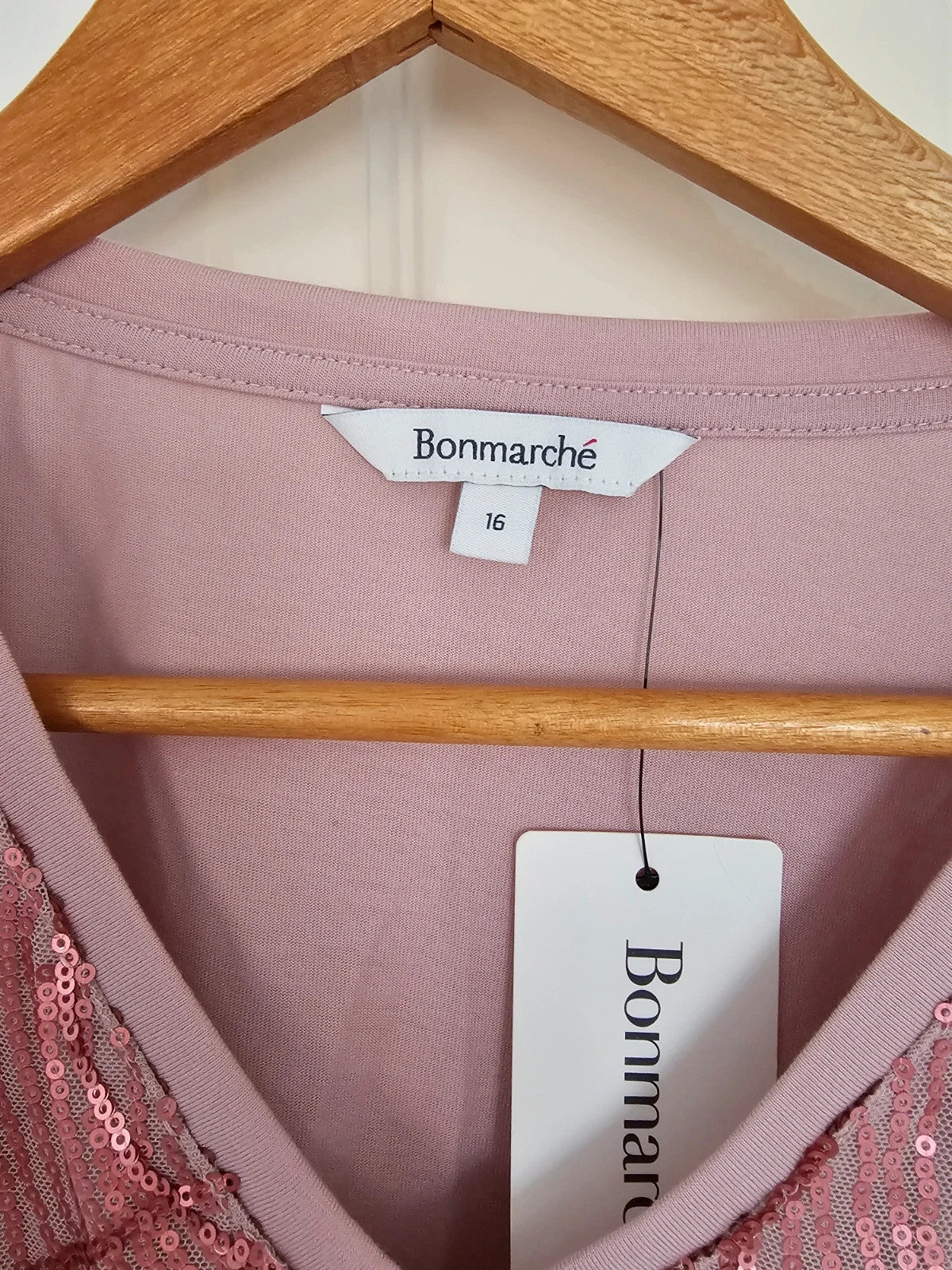 Bonmarche sequin front T-shirt short sleeve V-neck top elegant smart casual pink 2XL/16