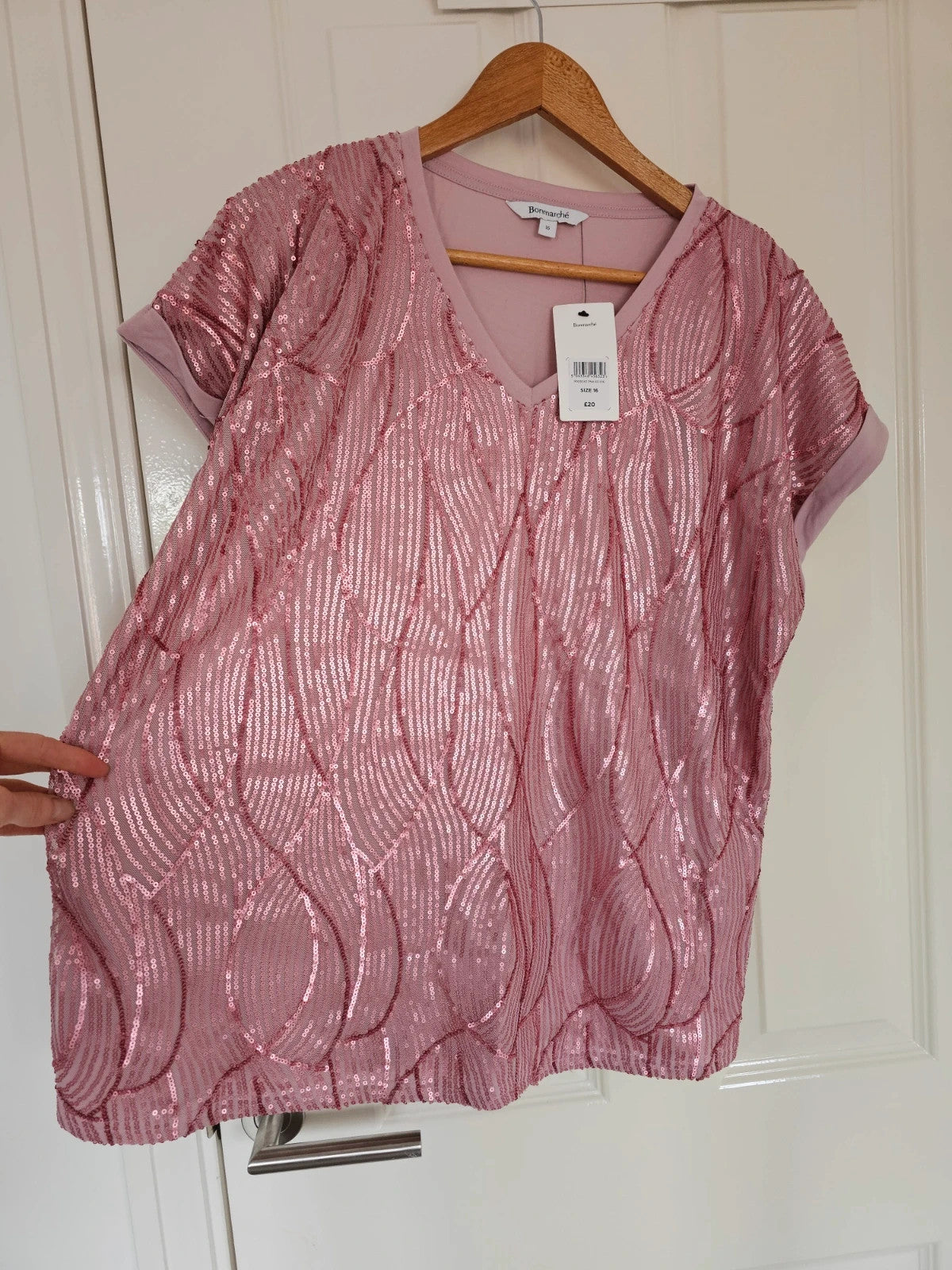 Bonmarche sequin front T-shirt short sleeve V-neck top elegant smart casual pink 2XL/16