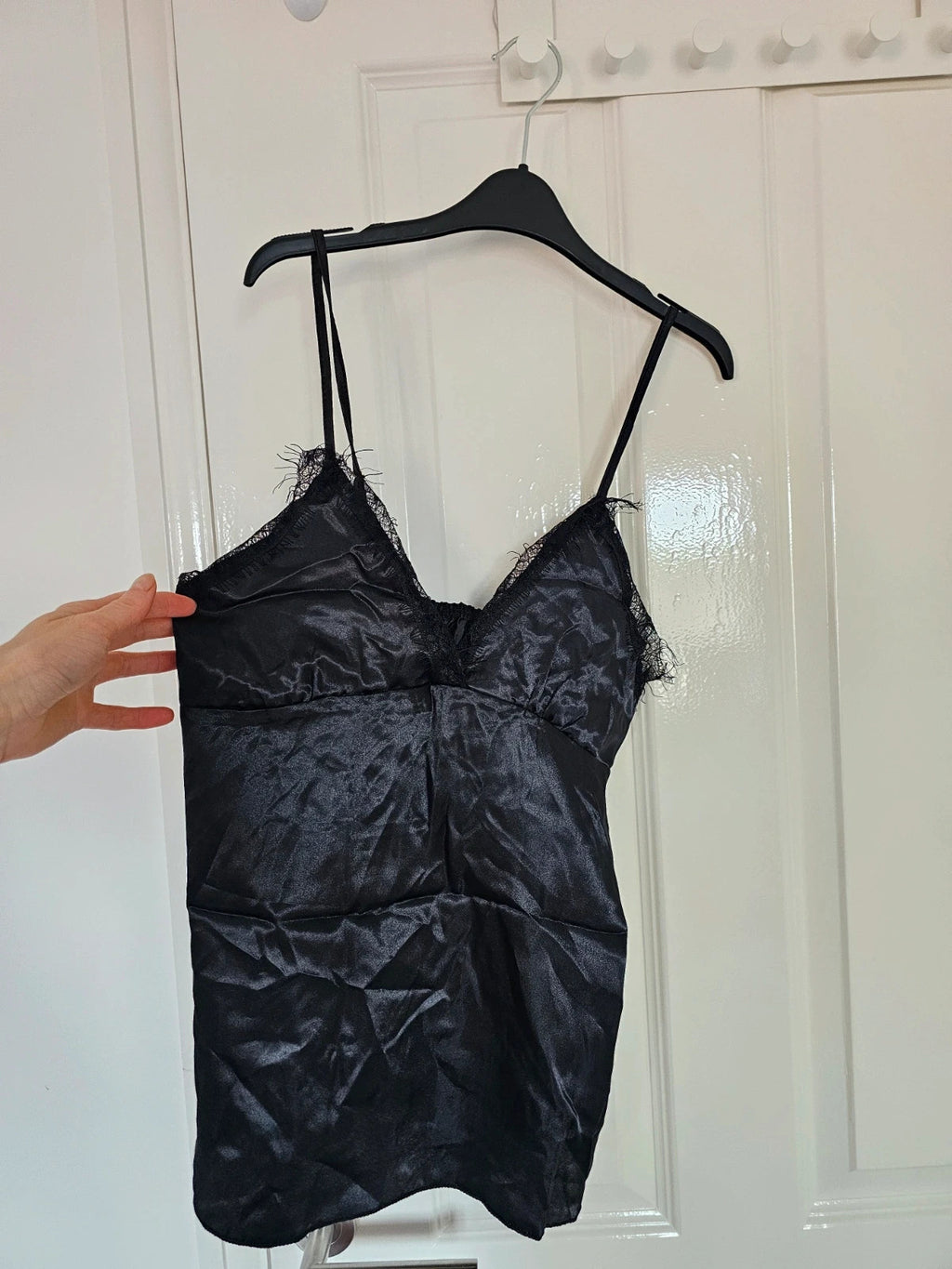 Generic women black night satin set cami top shorts nightdress robe lace details pyjamas set M/10
