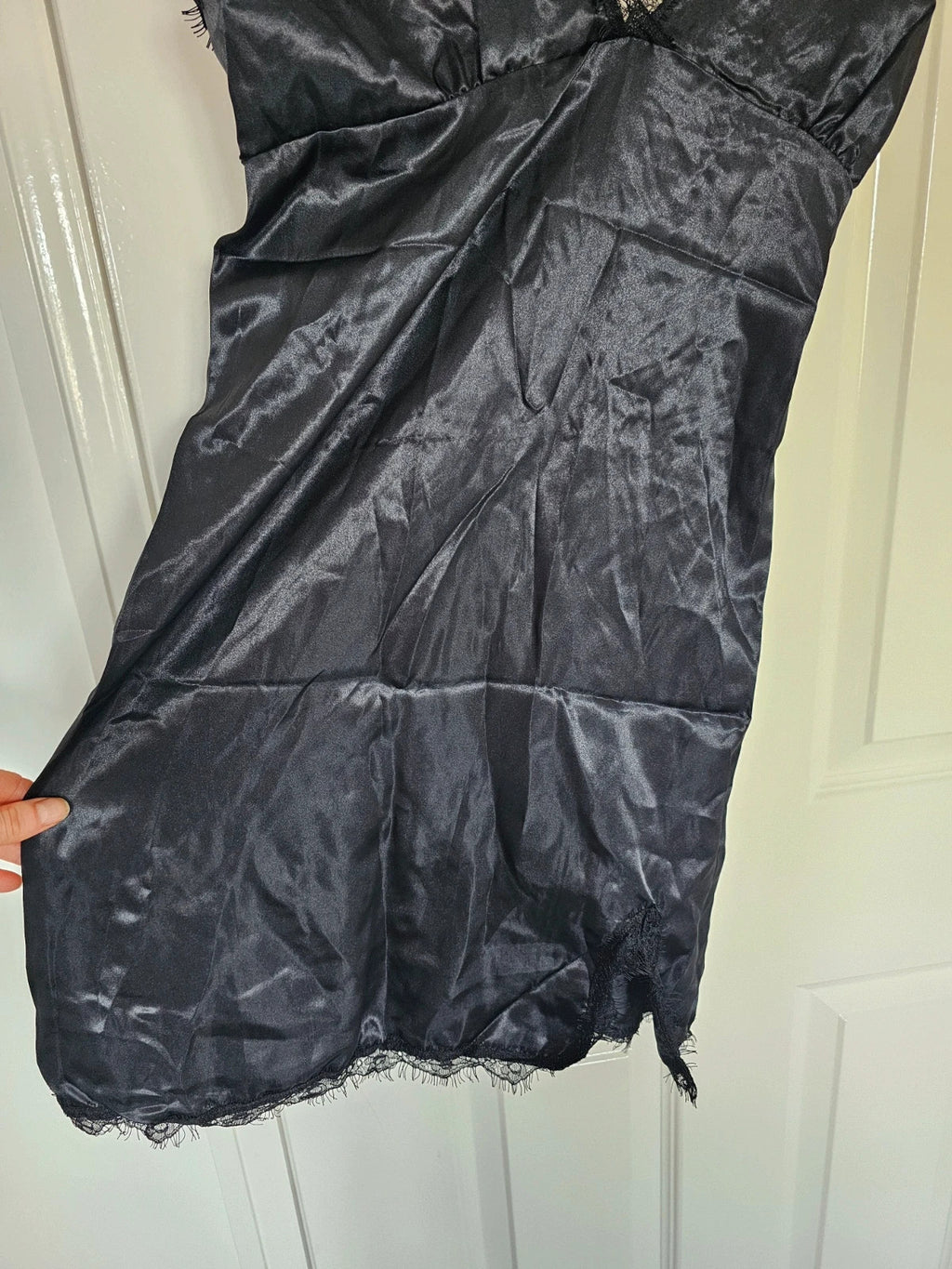 Generic women black night satin set cami top shorts nightdress robe lace details pyjamas set M/10